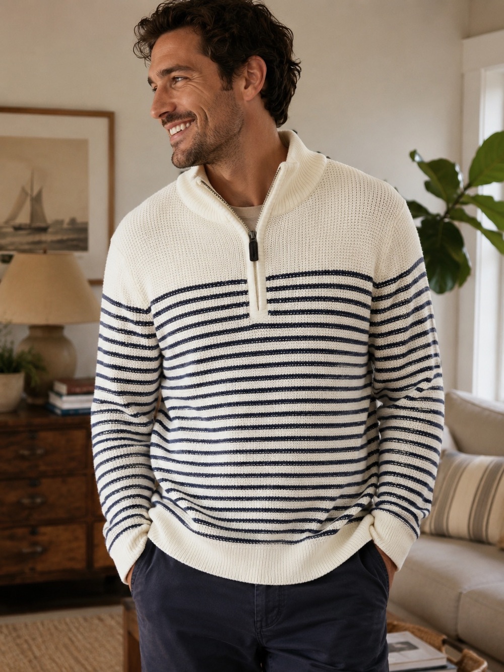 Izod Men's Cream & Navy Striped Quarter-Zip Sweater Size Small